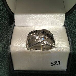 Ring New silver with black and clear rhinestones Size  7